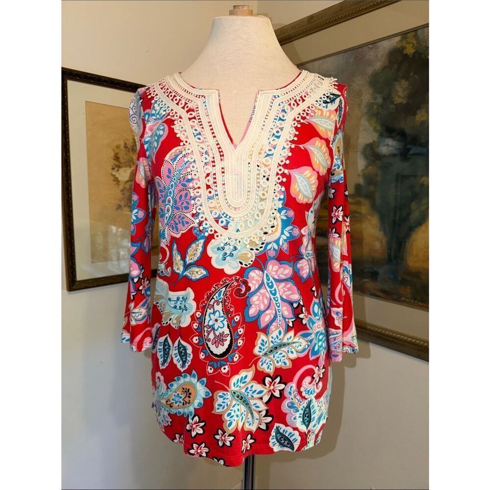 Talbots Petites Bright Red Paisley Tunic w/White Embroidered Neckline SP